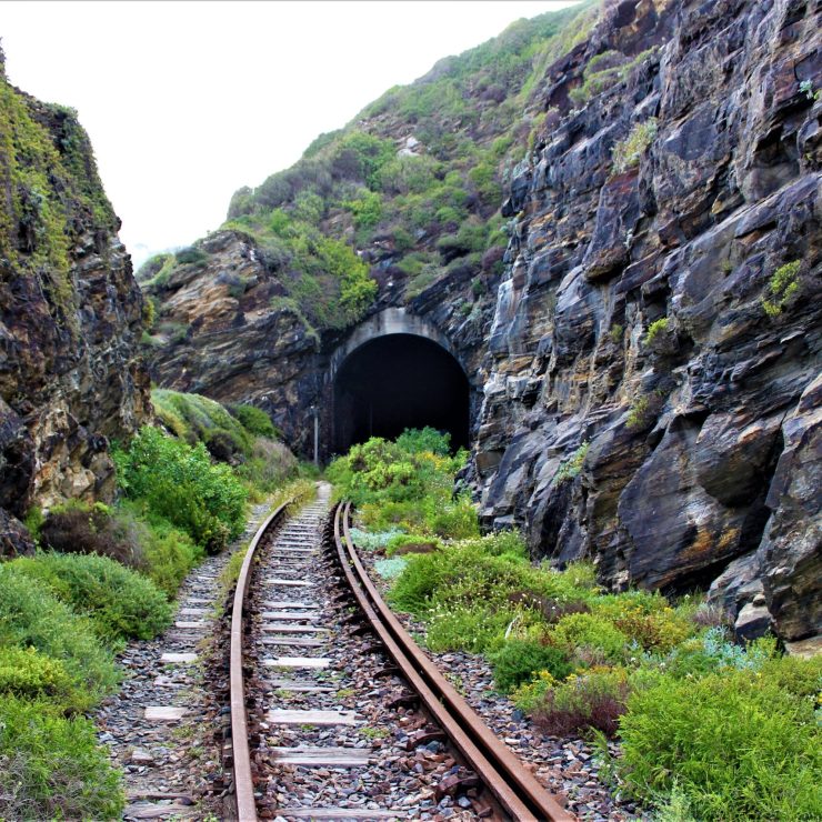 Scenic view of a railway to tunnel through the green covered rocks
